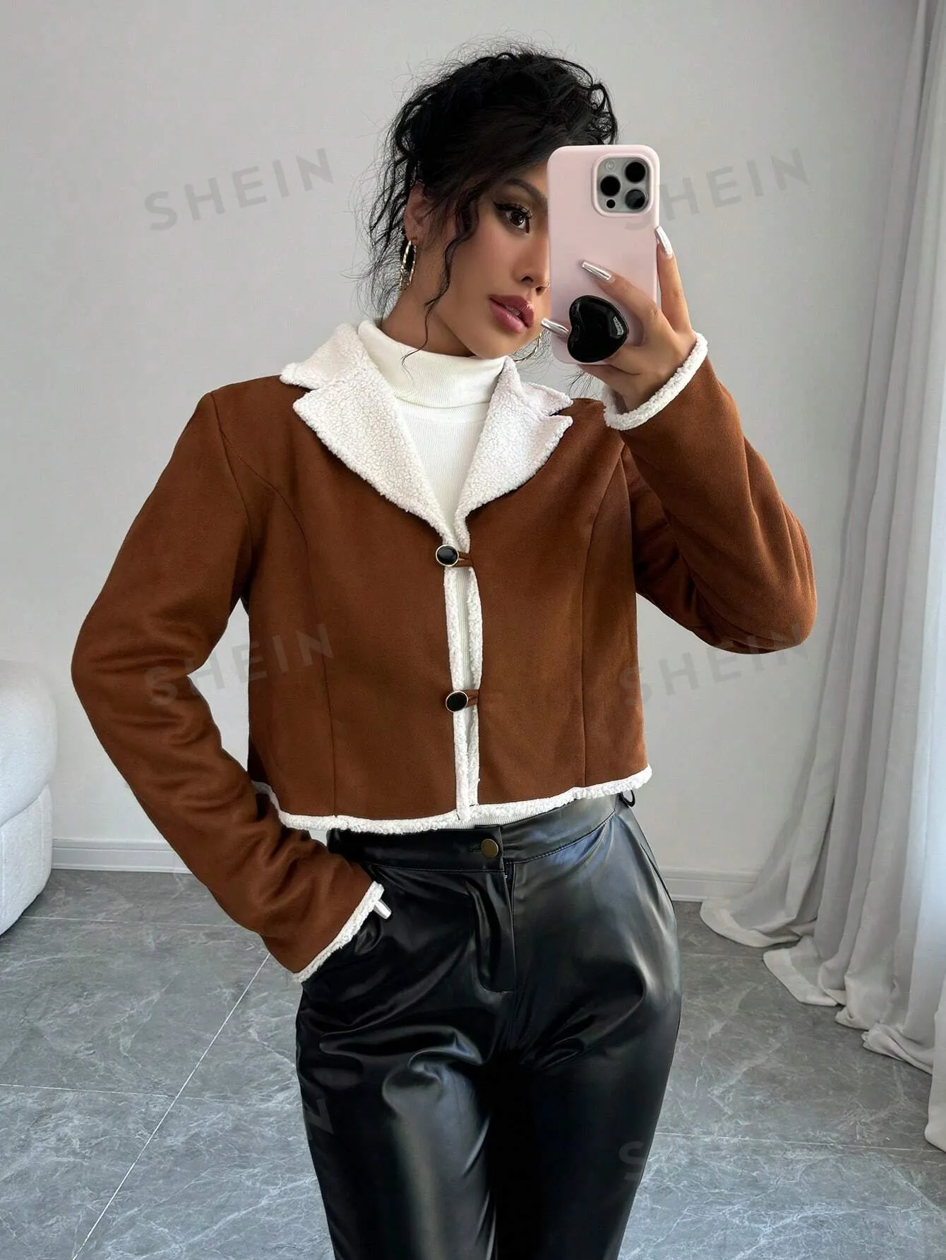 Relaxiva 1pc Women's Autumn/Winter Fashion Contrast Color Collar Fleece Cropped Jacket