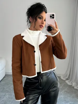 Relaxiva 1pc Women's Autumn/Winter Fashion Contrast Color Collar Fleece Cropped Jacket