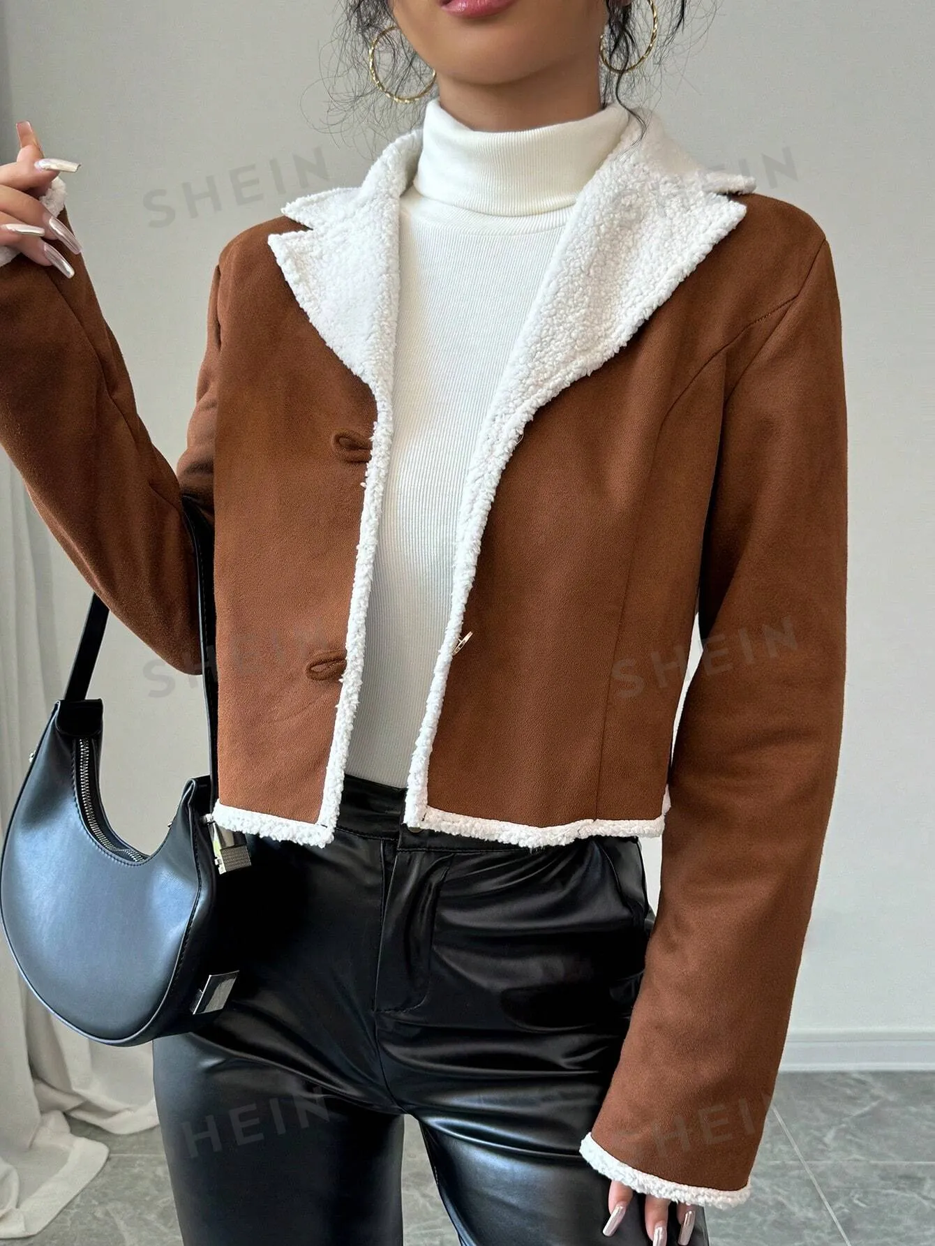 Relaxiva 1pc Women's Autumn/Winter Fashion Contrast Color Collar Fleece Cropped Jacket